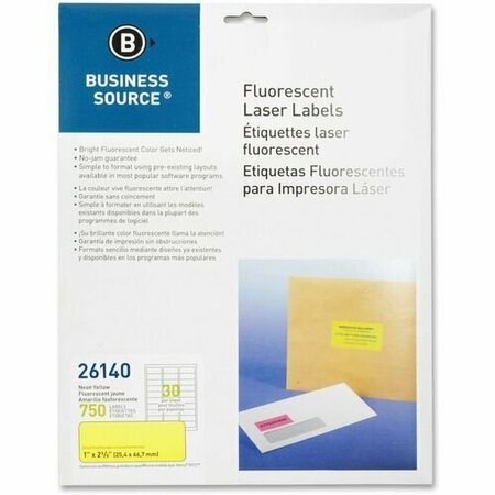 BUSINESS SOURCE Laser Labels, Fluorescent, 1inx2-5/8in, Neon Yellow, 750PK BSN26140